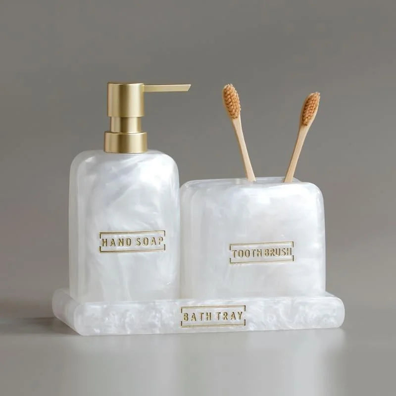 3-Piece Golden Resin Bathroom Set with Dispenser and Toothbrush Holder