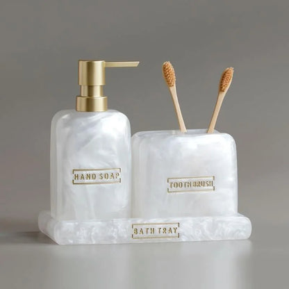 3-Piece Golden Resin Bathroom Set with Dispenser and Toothbrush Holder