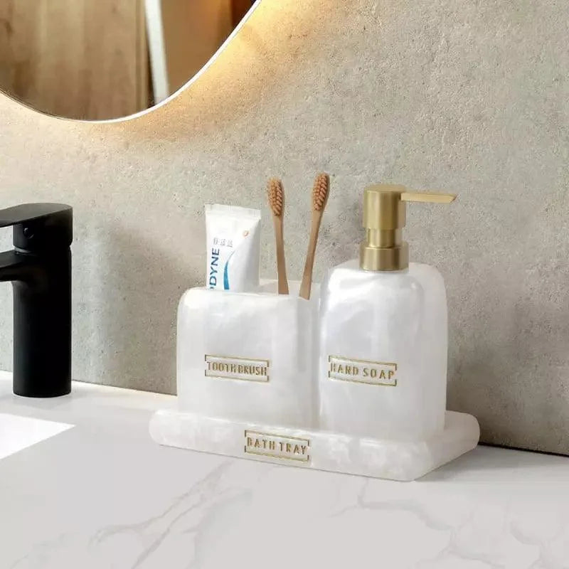 3-Piece Golden Resin Bathroom Set with Dispenser and Toothbrush Holder