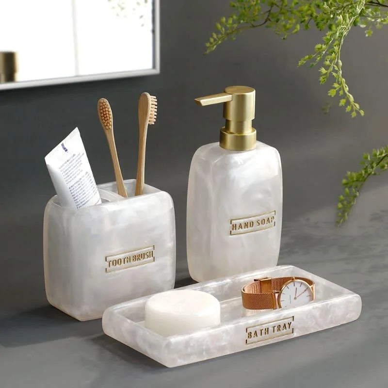 3-Piece Golden Resin Bathroom Set with Dispenser and Toothbrush Holder