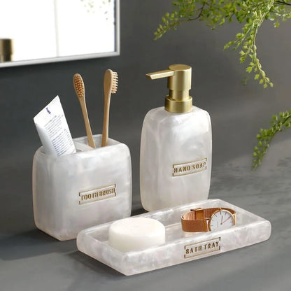 3-Piece Golden Resin Bathroom Set with Dispenser and Toothbrush Holder