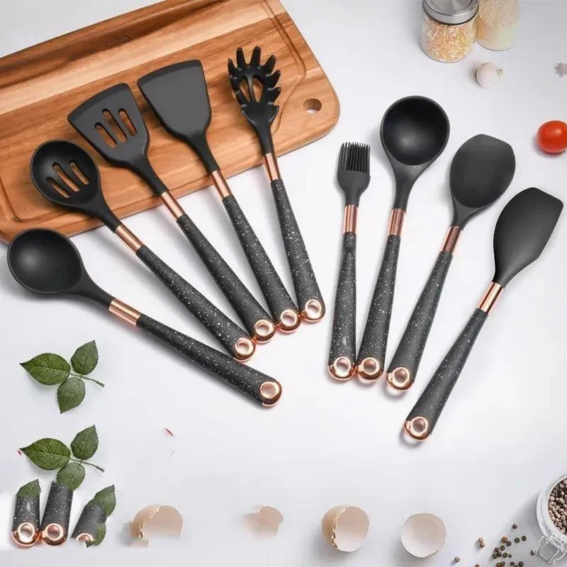 10-Piece Rose Silicone Kitchen Utensil Set with Monzzi Storage Organizer