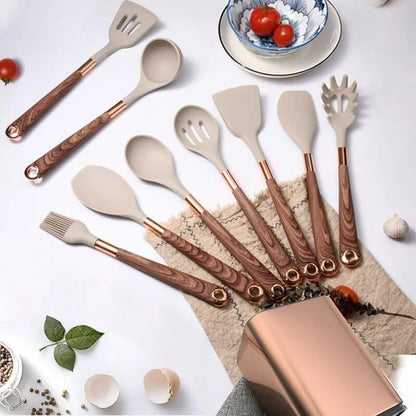 10-Piece Rose Silicone Kitchen Utensil Set with Monzzi Storage Organizer