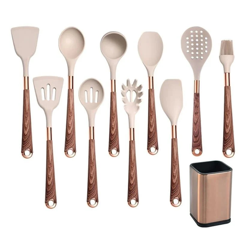 10-Piece Rose Silicone Kitchen Utensil Set with Monzzi Storage Organizer