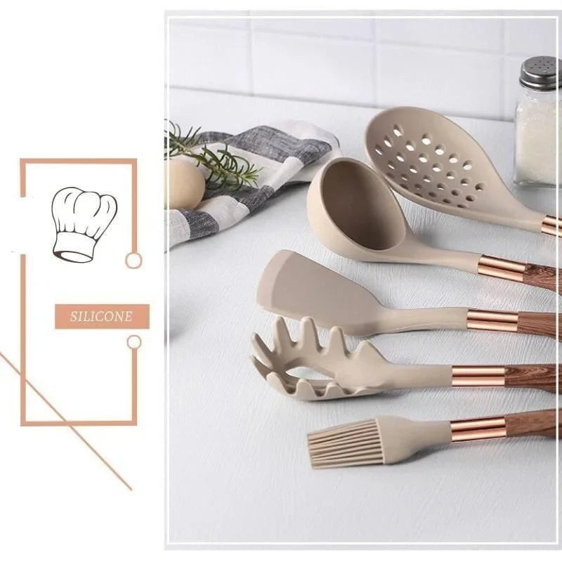 10-Piece Rose Silicone Kitchen Utensil Set with Monzzi Storage Organizer