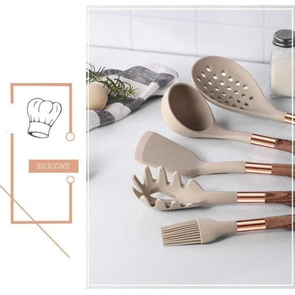 10-Piece Rose Silicone Kitchen Utensil Set with Monzzi Storage Organizer