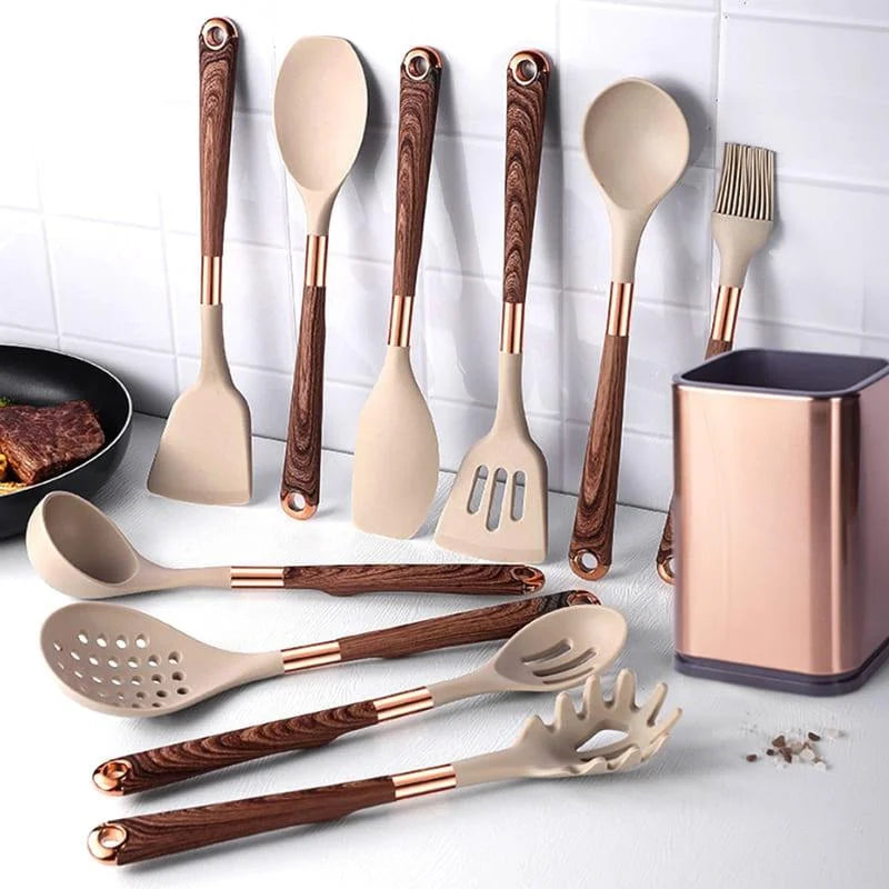 10-Piece Rose Silicone Kitchen Utensil Set with Monzzi Storage Organizer
