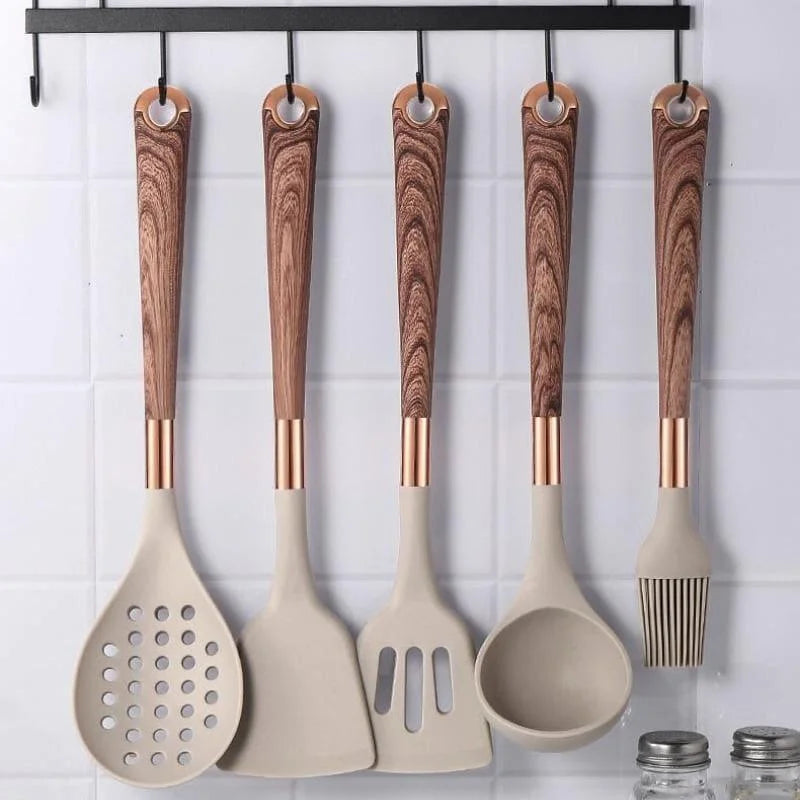 10-Piece Rose Silicone Kitchen Utensil Set with Monzzi Storage Organizer
