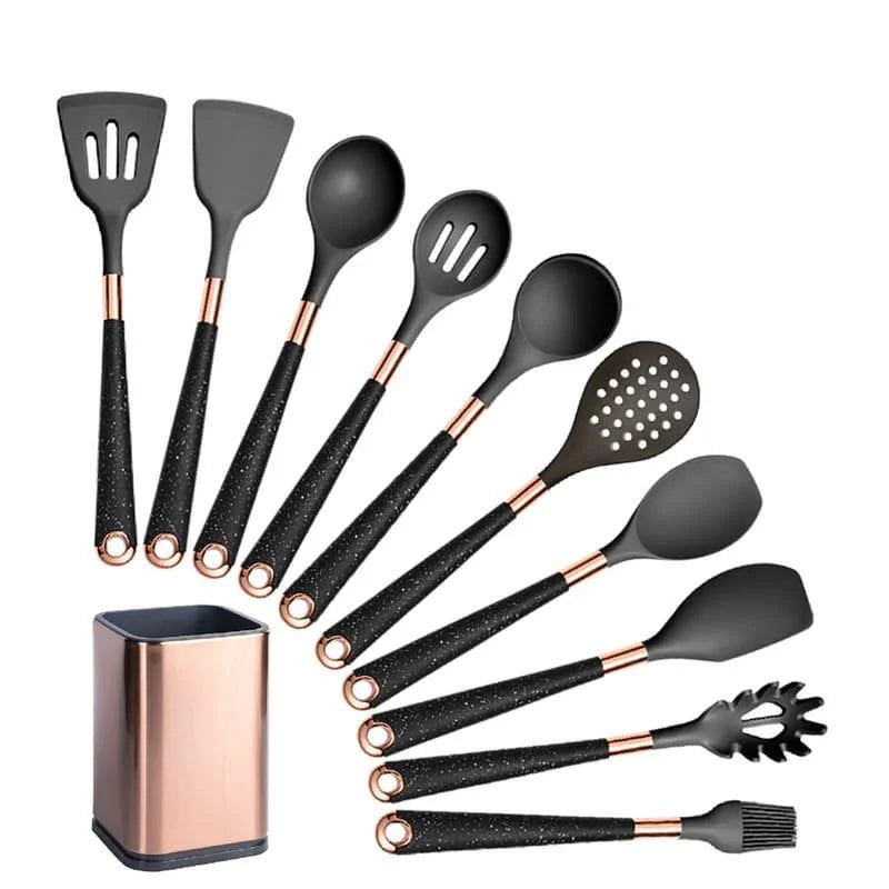 10-Piece Rose Silicone Kitchen Utensil Set with Monzzi Storage Organizer