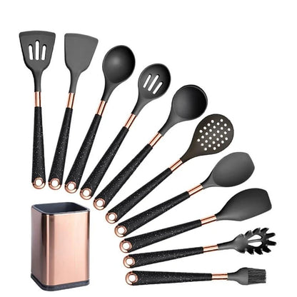 10-Piece Rose Silicone Kitchen Utensil Set with Monzzi Storage Organizer