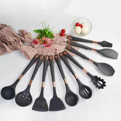 10-Piece Rose Silicone Kitchen Utensil Set with Monzzi Storage Organizer