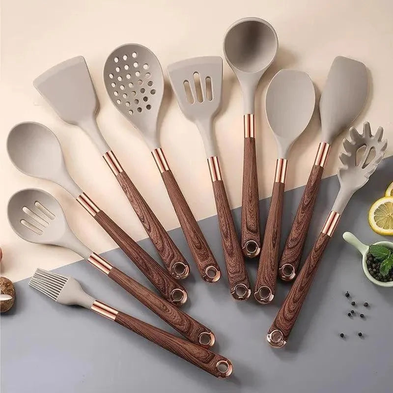 10-Piece Rose Silicone Kitchen Utensil Set with Monzzi Storage Organizer