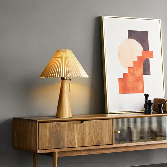 Retro Wooden Table Lamp with Pleated Shade - Nordic Style by Monzzi