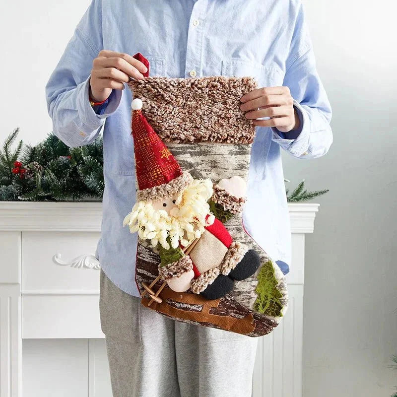 48cm Monzzi Decorative Christmas Stocking in Hemp and Flannel for Fireplace