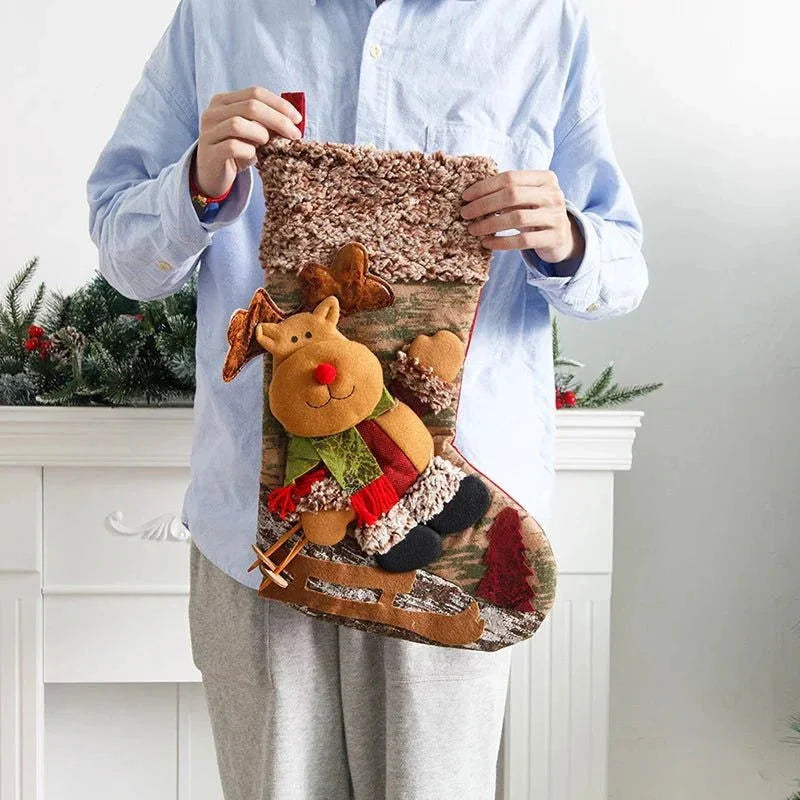 48cm Monzzi Decorative Christmas Stocking in Hemp and Flannel for Fireplace