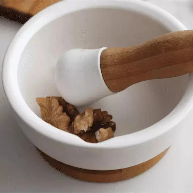 Ceramic Mortar and Pestle Set with Wooden Base for Monzzi Kitchen