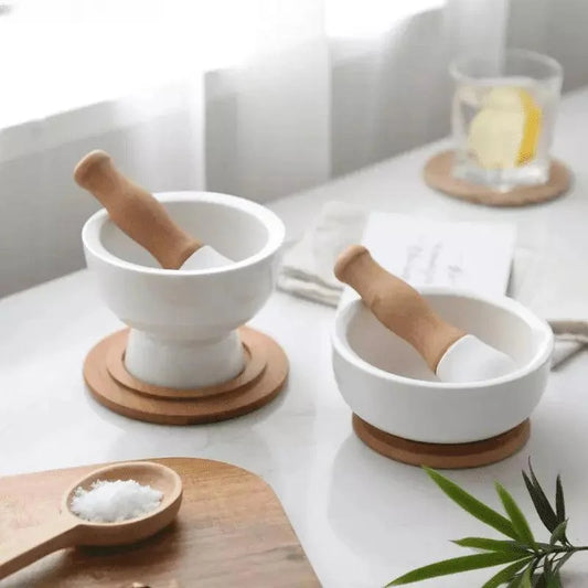 Ceramic Mortar and Pestle Set with Wooden Base for Monzzi Kitchen