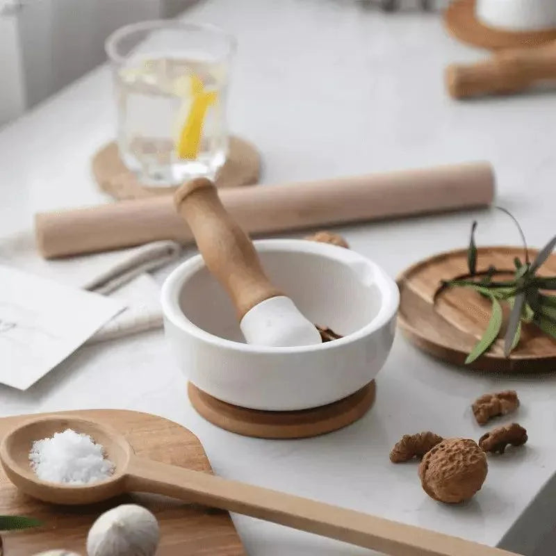 Ceramic Mortar and Pestle Set with Wooden Base for Monzzi Kitchen