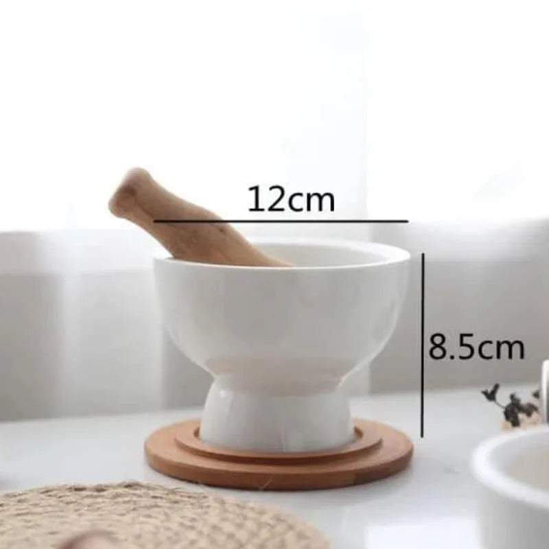 Ceramic Mortar and Pestle Set with Wooden Base for Monzzi Kitchen
