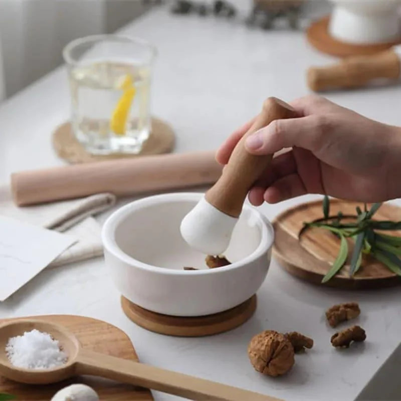 Ceramic Mortar and Pestle Set with Wooden Base for Monzzi Kitchen
