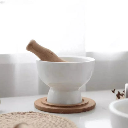Ceramic Mortar and Pestle Set with Wooden Base for Monzzi Kitchen