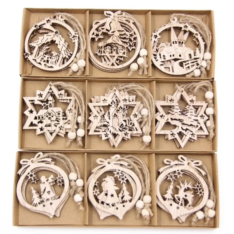 Set of 12 Rustic Wooden Christmas Ornaments for Monzzi Tree
