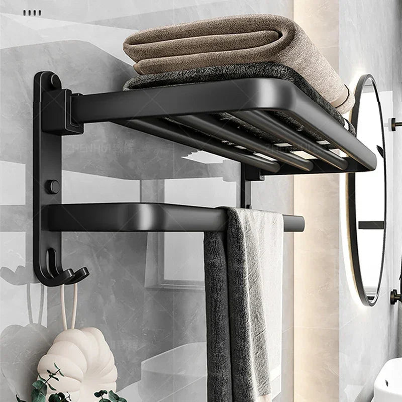 Onyx Black Foldable Wall Towel Rack with Monzzi Hook