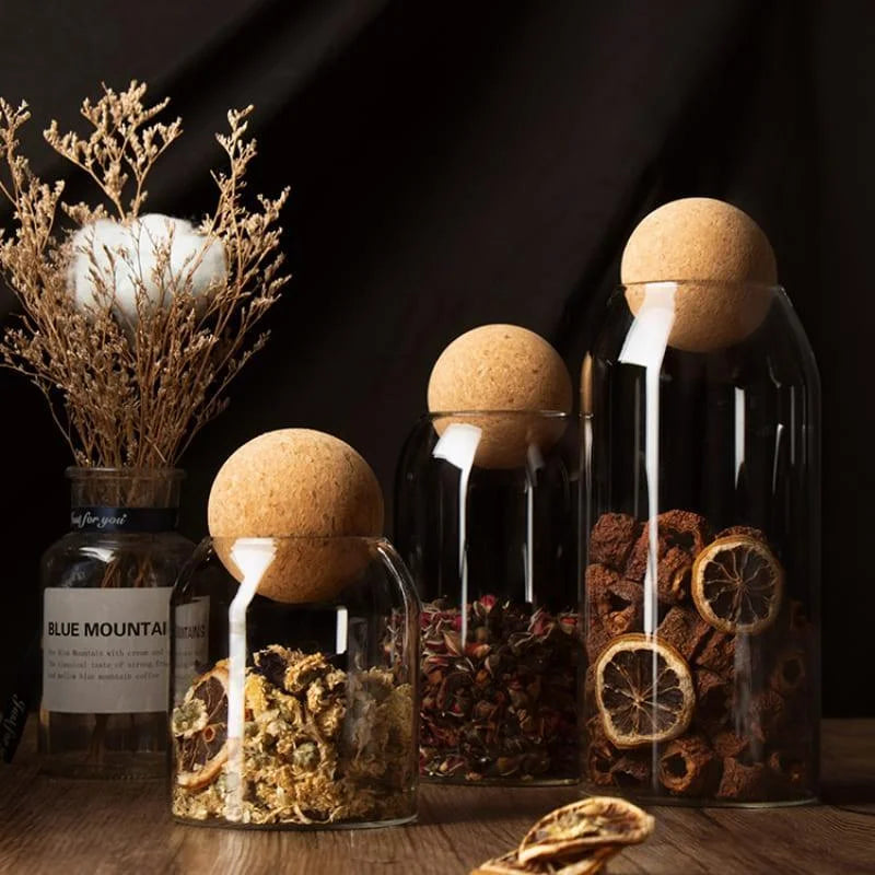 Borosilicate Glass Jars with Cork Lids in Various Sizes