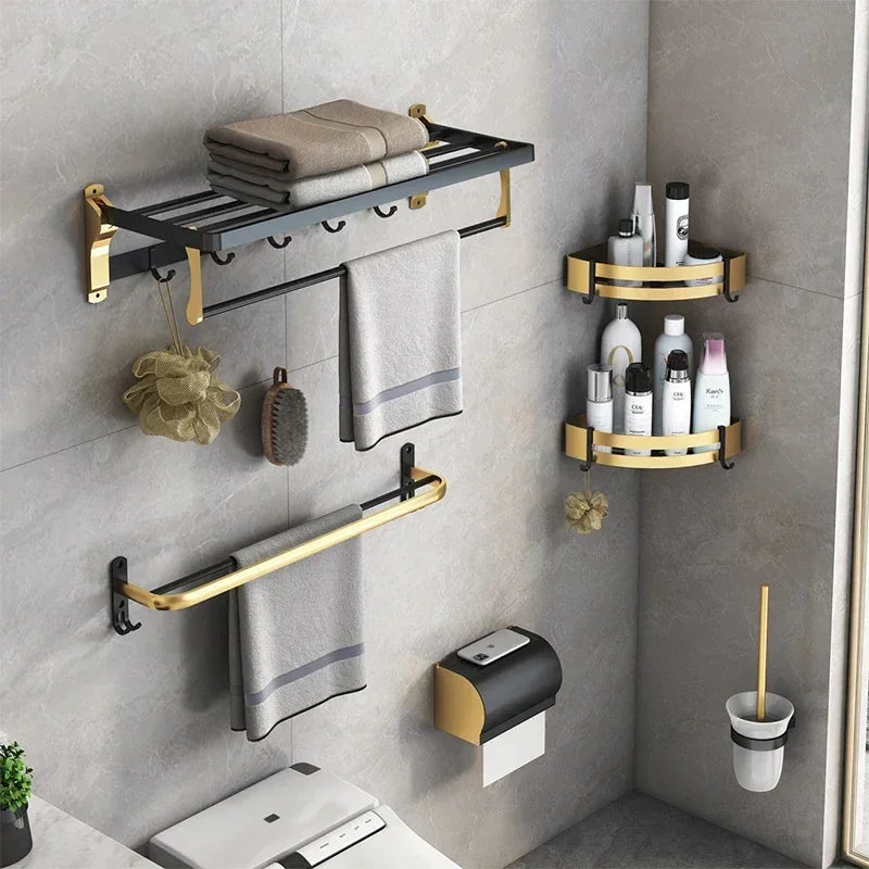 Aluminum Bathroom Shelf with Hooks and Toilet Paper Holder