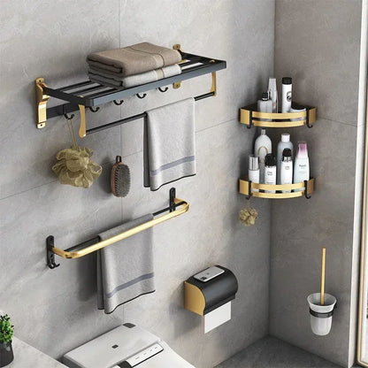 Aluminum Bathroom Shelf with Hooks and Toilet Paper Holder