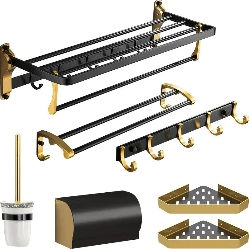 Aluminum Bathroom Shelf with Hooks and Toilet Paper Holder