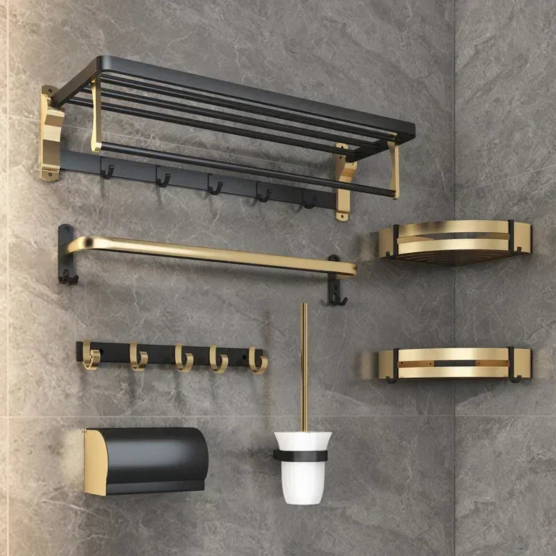 Aluminum Bathroom Shelf with Hooks and Toilet Paper Holder