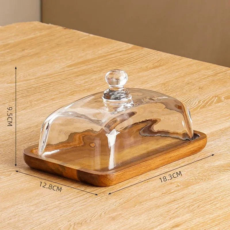 Monzzi Cheese Serving Set: Wooden Plate with Glass Lid