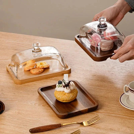 Monzzi Cheese Serving Set: Wooden Plate with Glass Lid