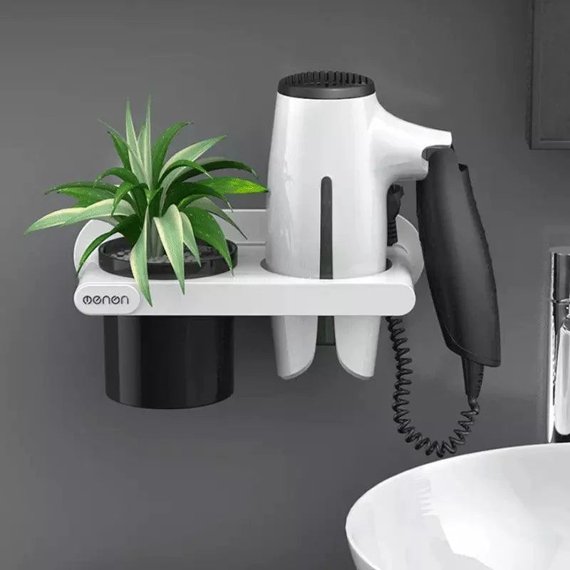Wall-Mounted Hair Dryer Holder with Convenient Storage Compartments