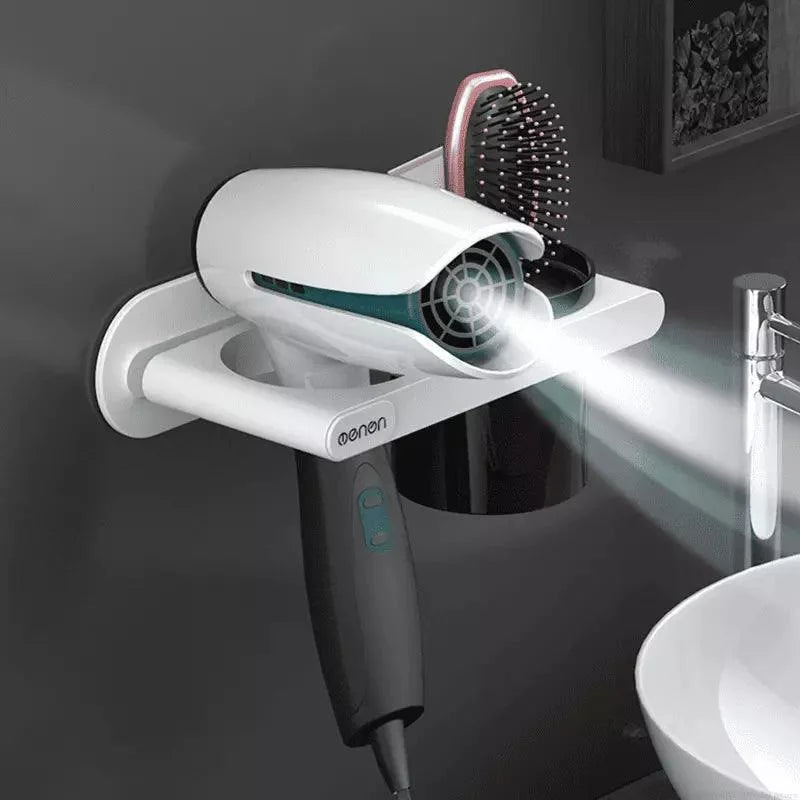 Wall-Mounted Hair Dryer Holder with Monzzi Storage Compartments