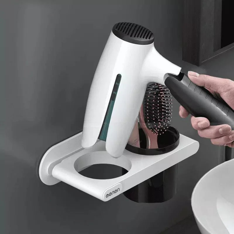 Wall-Mounted Hair Dryer Holder with Convenient Storage Compartments