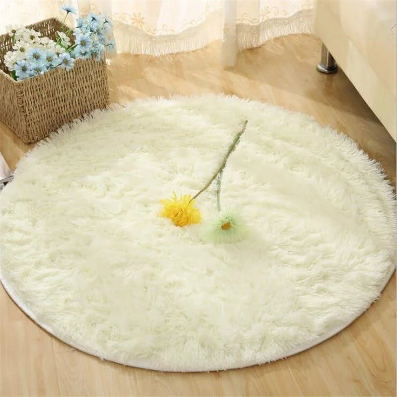 Monzzi Round White Plush Anti-Slip Rug for Living Room and Bedroom