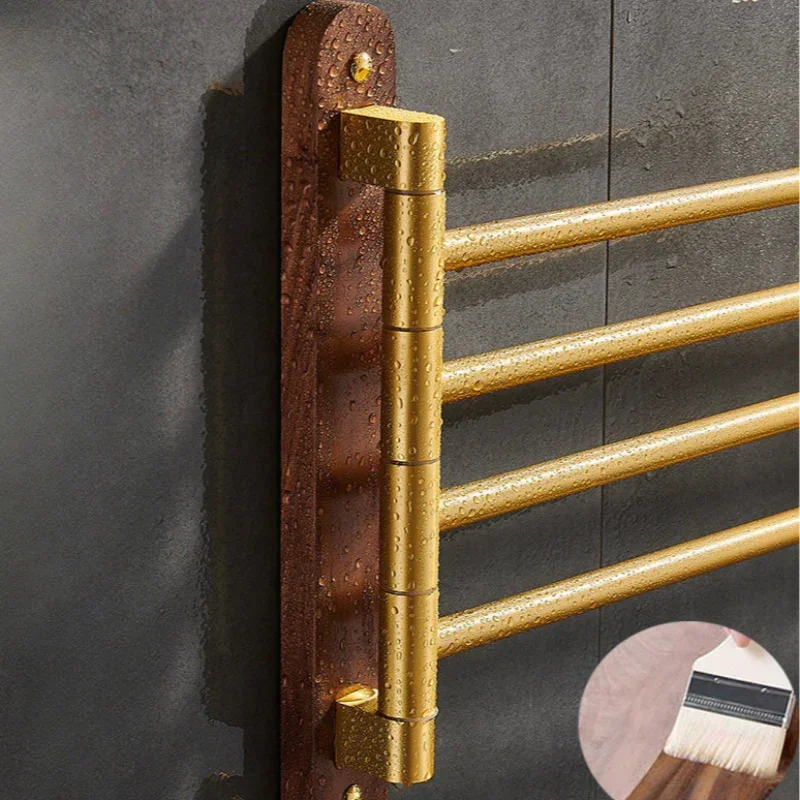Brushed Gold Wall Towel Rack with Walnut Wood Accent