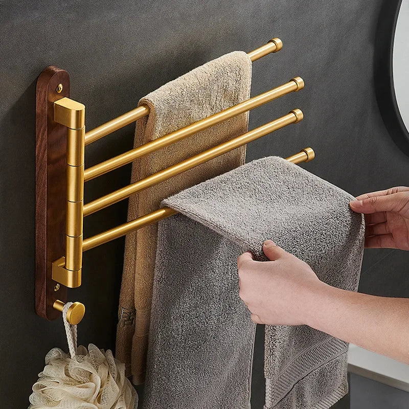 Walnut Wood and Brushed Gold Wall Towel Rack