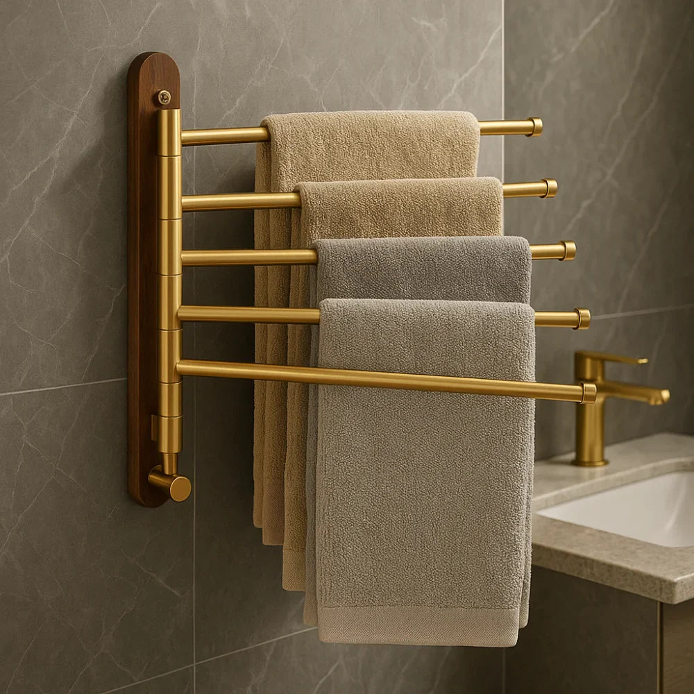 Walnut Wood Towel Rack with Brushed Gold Finish
