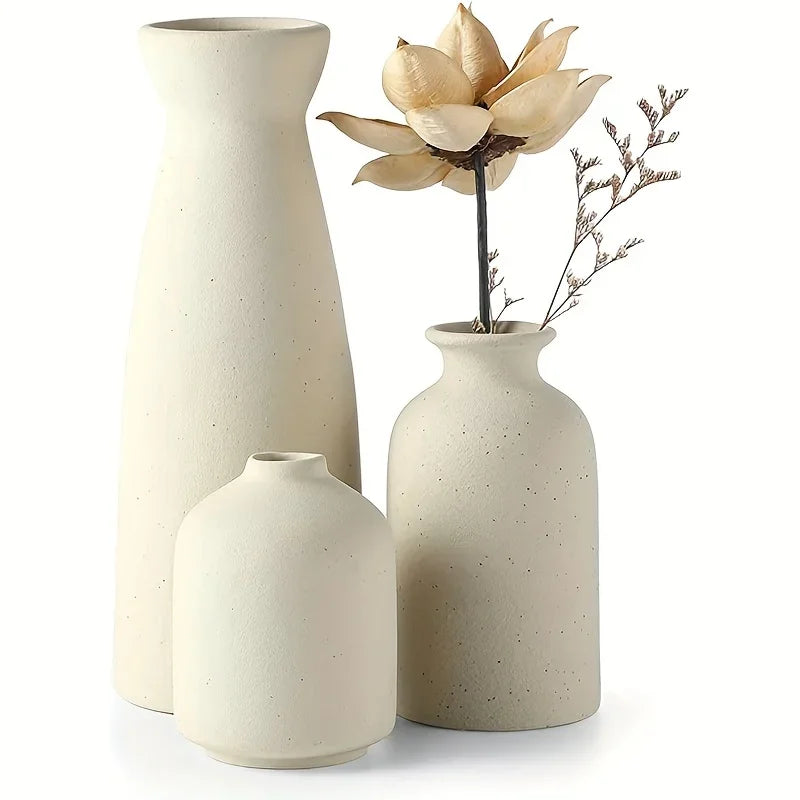 Set of 3 Rustic Ceramic Decorative Vases for Living Room and Office - Monzzi